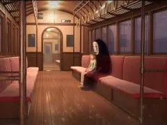 Carried away by the ghosts Faceless and Chihiro ride the train in an empty carriage