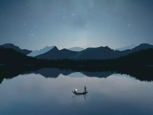 Live wallpaper «Minimalistic night lake, stars and boat»