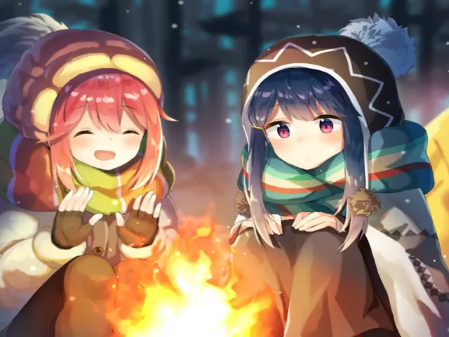 Живые обои «Nadeshiko Kagamihara and Rin Shima Snow Camping»