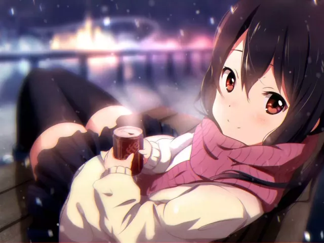 Live wallpaper «Azusa Nakano on a bench with a can of coffee, snow»