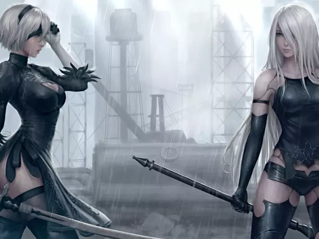 Live wallpaper «2B and A2 in the rain NieR Automata»