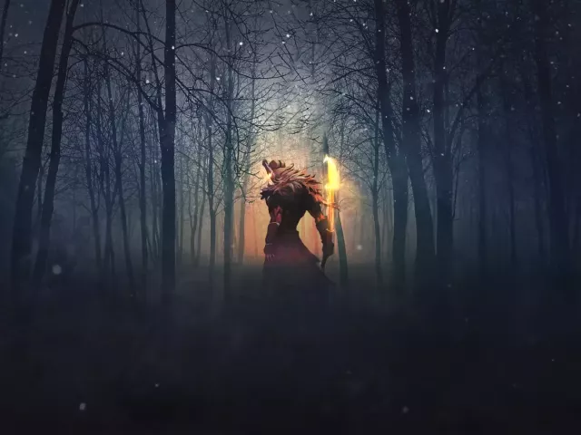 Live wallpaper «Juggernaut in the snow, Dota 2 game, forest»