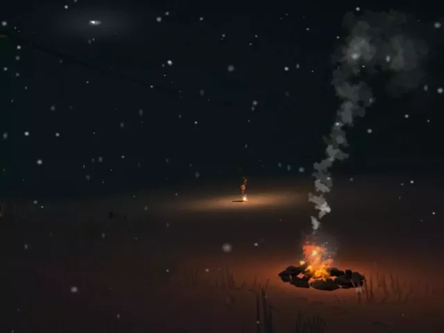 Live wallpaper «A bonfire in a clearing near the house, a frame of the game Ze Long Dark»