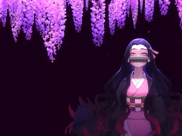 Live wallpaper «Purple Flowers, Nezuko Kamado, Demon Slayer 4k»