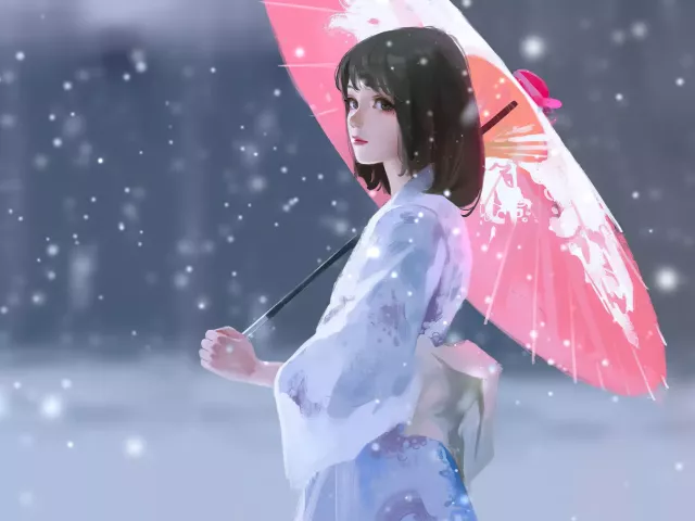 Live wallpaper «A girl in a kimono in the snow with an umbrella»