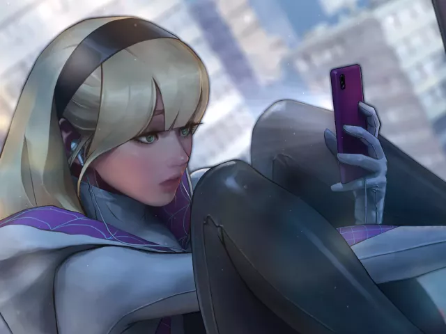 Live wallpaper «Spider Gwen Using Phone Marvel Comics»