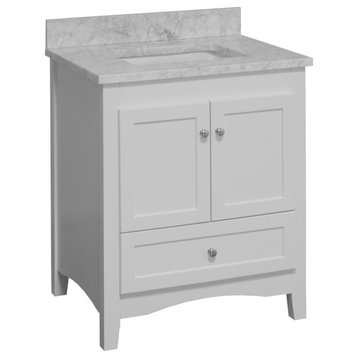 Abbey 30" Bathroom Vanity, Base: White, 30", Top: Carrara Marble