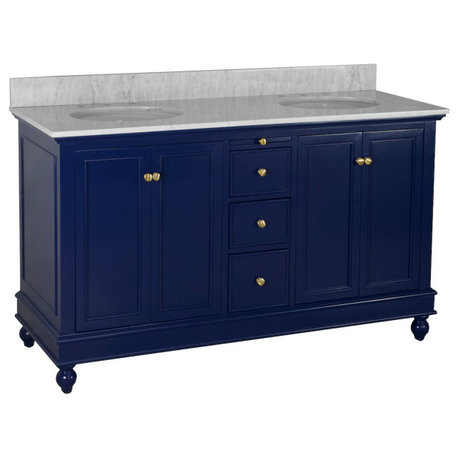 Bella 60" Bathroom Vanity, Royal Blue, Carrara Marble, Double Vanity