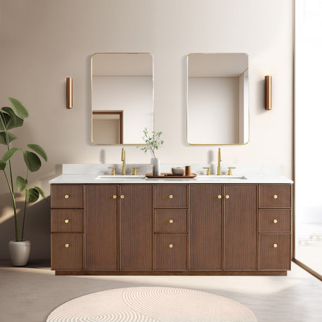 Oza Bath Vanity, Stone Top, Aged Dark Brown Oak, 84", Double Vanity, No Mirror