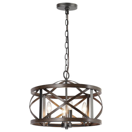 LNC 4-Light Farmhouse Distressed Black and Dark Brown Wood Drum Chandelier