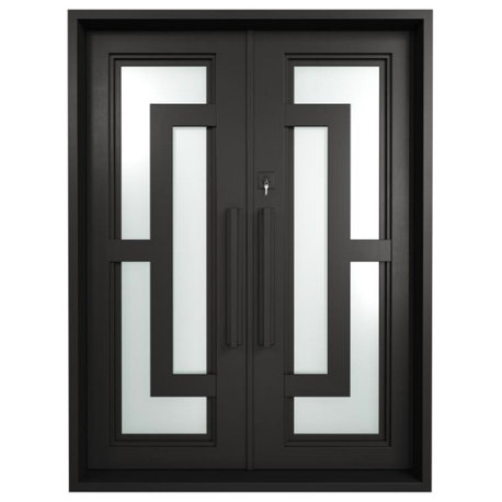 Oslo 61X81 Right Hand Inswing, Flat Black, Sandblast Glass, Handles, Deadbolt