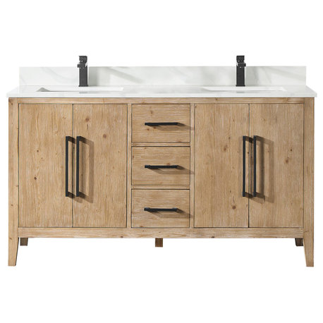 Laurel Bathroom Vanity with Calacatta White Quartz Stone Countertop, Weathered Fir, 60", Without Mirror