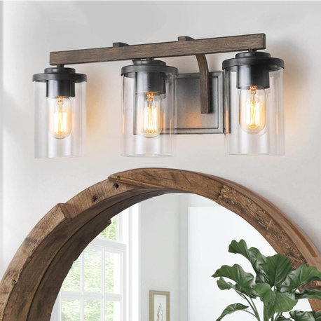 LALUZ 3-Light Modern Farmhouse Matte Black and Wood Gray Bathroom Vanity Lights