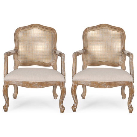 Biorn French Country Upholstered Dining Armchair, Beige + Natural, Set of 2