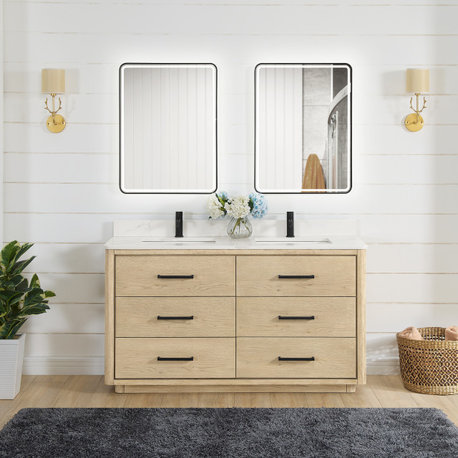 Porto Bath Vanity with White Quartz Stone Top, Natural Oak, 60 in., No Mirror