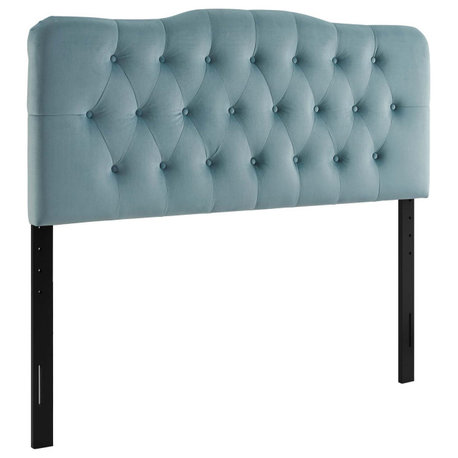 Annabel Queen Diamond Tufted Performance Velvet Headboard, Light Blue