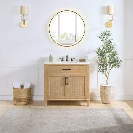 Solana Bathroom Vanity with Calacatta White Quartz Stone Countertop, Weathered Fir, 36", With Mirror