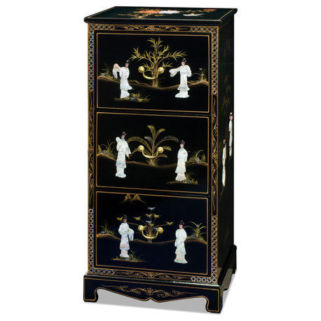 Black Lacquer Mother of Pearl 3 Drawer Oriental File Cabinet