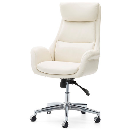 Mid-Century Leatherette Adjustable Swivel High Back Office Chair, Cream White