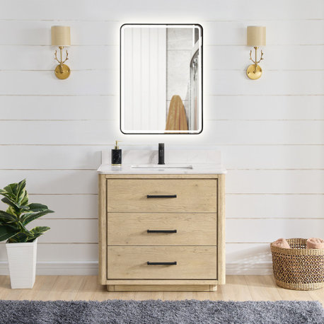 Porto Bath Vanity with White Quartz Stone Top, Natural Oak, 36 in., No Mirror