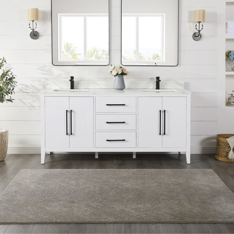 Laurel Bathroom Vanity with Calacatta White Quartz Stone Countertop, White, 72", Without Mirror