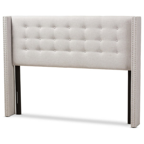 Ginaro Modern Gray-Beige Fabric Button-Tufted Nailhead Queen Winged Headboard