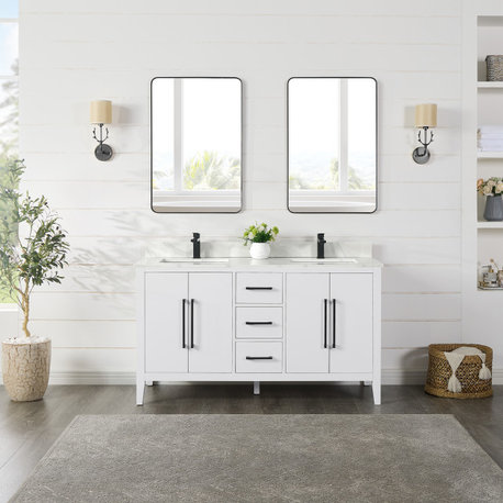 Laurel Bathroom Vanity with Calacatta White Quartz Stone Countertop, White, 60", With Mirror