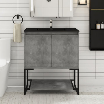 30" Freestanding Bath Vanity, Black Quartz Top, Charcoal Gray