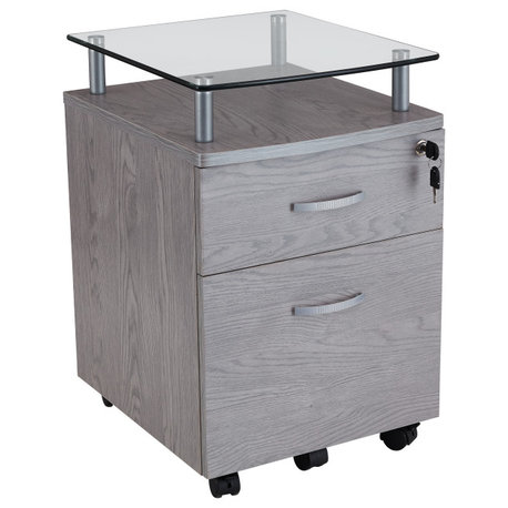 Techni Mobili Rolling File Cabinet With Glass Top, Gray