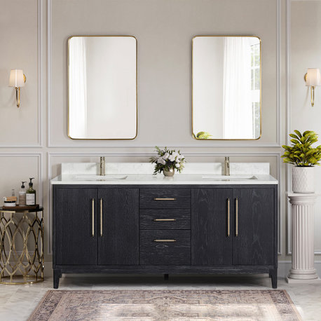 Gara Bath Vanity, Stone Top, Fir Wood Black, 72", Double Vanity, No Mirror