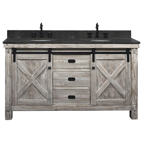 61" Solid Fir Barn Double Sink Vanity Arctic Pearl Marble Top, Wk8560-W+wk Top