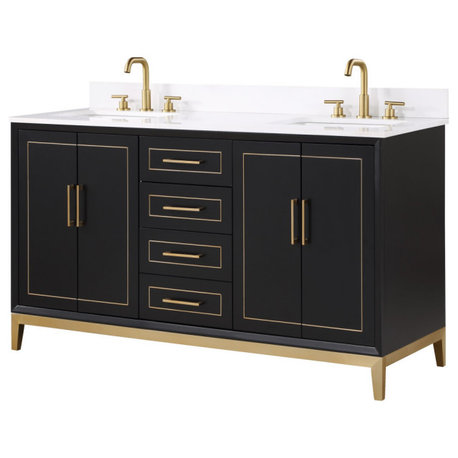 Gracie Bathroom Vanity, Midnight Black With White Quartz, 60"