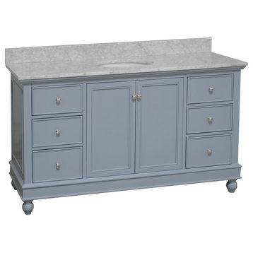 Bella 60" Bathroom Vanity, Powder Blue, Carrara Marble, Single Vanity