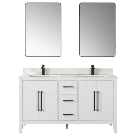 Laurel Bathroom Vanity with Calacatta White Quartz Stone Countertop, White, 60", With Mirror