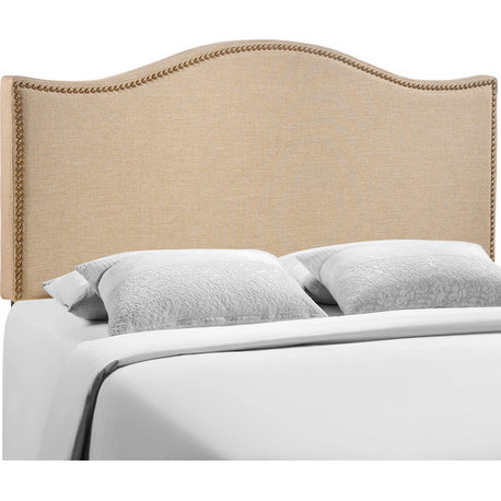 Curl Queen Nailhead Upholstered Fabric Headboard, Cafe