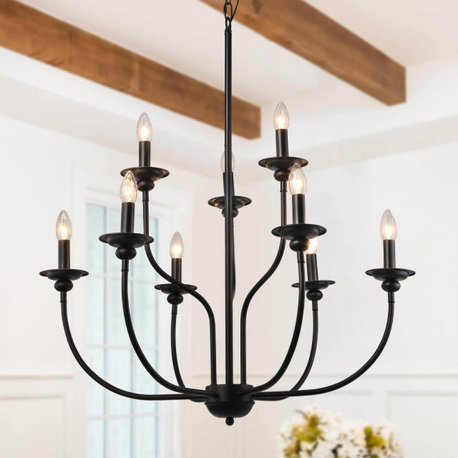 LALUZ 9-Light 2-Tier Modern Farmhouse Matte Black Large Candle Chandeliers