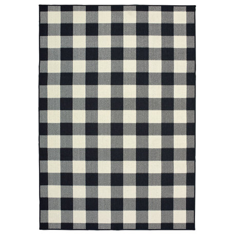 Martinique Gingham Check Black/ Ivory Indoor/Outdoor Area Rug, 5'3"x7'6"