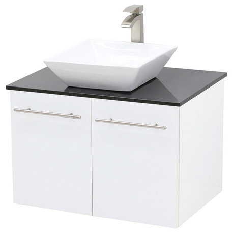 24" Wall Mount Vanity, Black Stone Countertop, White Embossed Texture