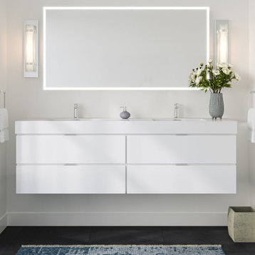 Boutique Bath Vanity, High Gloss White, 72", Double Sink, Wall Mount