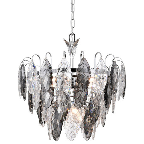 Lydia 6-Light Chrome Tiered Modern Chandelier With Clear and Grey Leaf Crystals