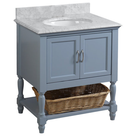 Beverly 30" Bathroom Vanity, Powder Blue, Carrara Marble