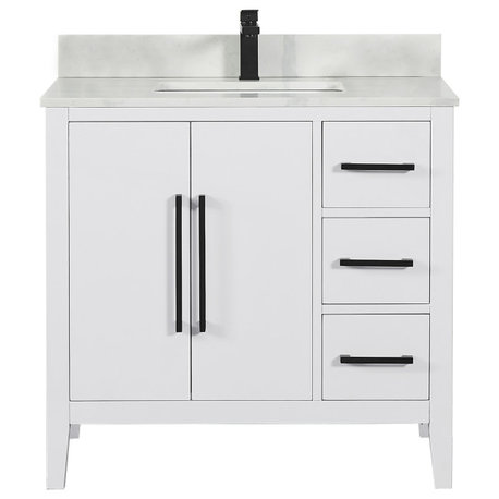 Laurel Bathroom Vanity with Calacatta White Quartz Stone Countertop, White, 36", Without Mirror