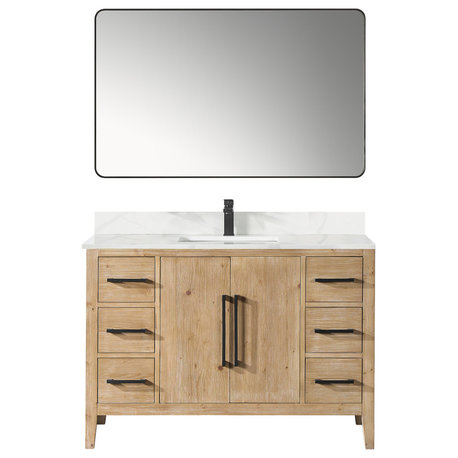 Laurel Bathroom Vanity with Calacatta White Quartz Stone Countertop, Weathered Fir, 48", With Mirror