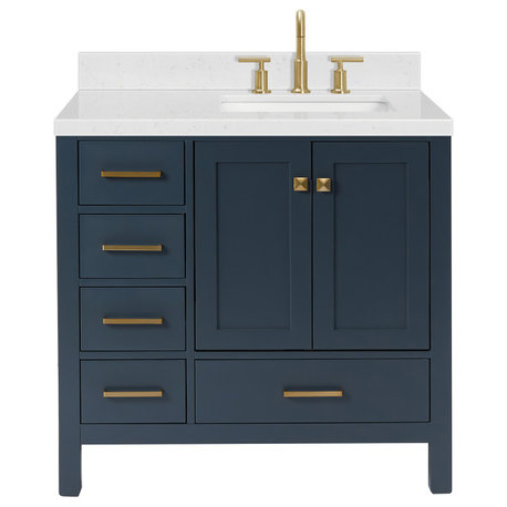 Ariel Cambridge 36" Right  Single Rectangle Sink Vanity, Carrara Quartz, Midnight Blue