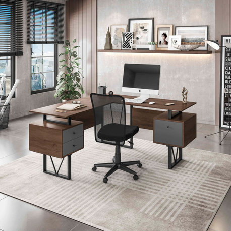 Reversible L-Shape Computer Desk With Drawers and File Cabinet