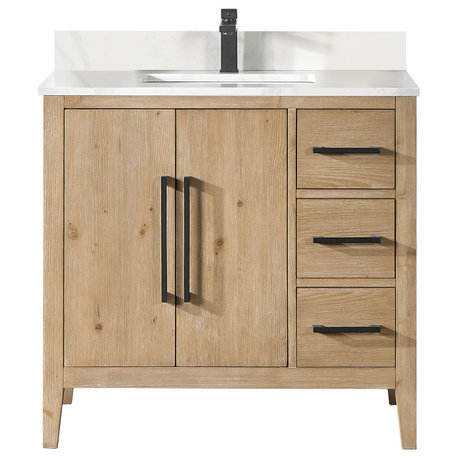 Laurel Bathroom Vanity with Calacatta White Quartz Stone Countertop, Weathered Fir, 36", Without Mirror