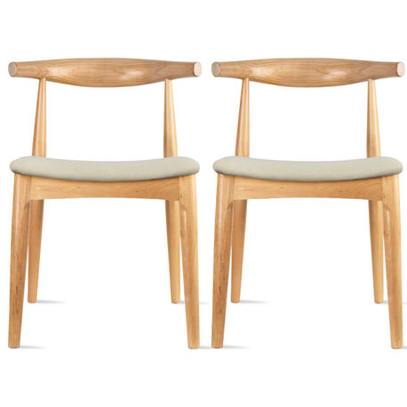 Set of 2 Modern Wooden Elbow Dining Chairs With PU Leather or Beige Fabric Seat, Natural Beige Seat (Unassembled)