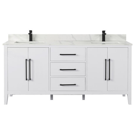 Laurel Bathroom Vanity with Calacatta White Quartz Stone Countertop, White, 72", Without Mirror