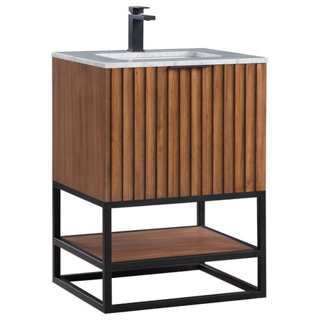 Terra Bathroom Vanity, Walnut/Matte Black With Carrara Marble, 24"