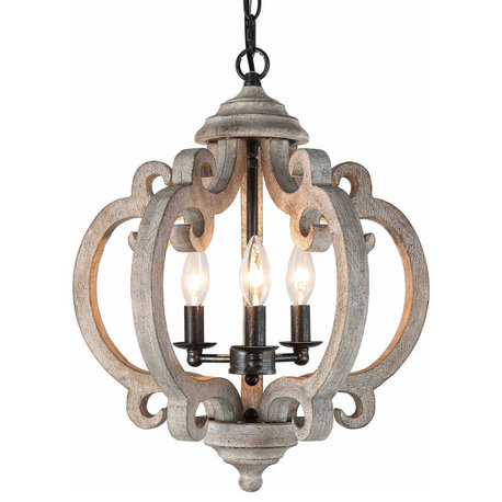 LNC 3-Light Distressed Wood Grayish White Farmhouse Latern Chandelier